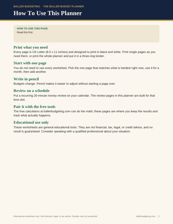 Sample interior page 1 of The Baller Budget Planner
