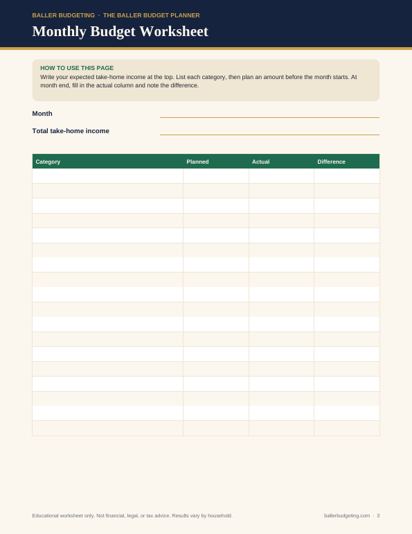 Sample interior page 2 of The Baller Budget Planner