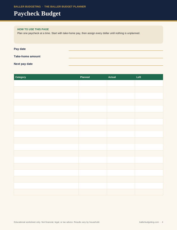 Sample interior page 3 of The Baller Budget Planner