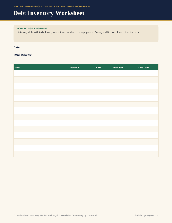 Sample interior page 2 of The Baller Debt-Free Workbook