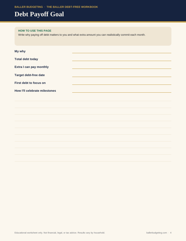 Sample interior page 3 of The Baller Debt-Free Workbook