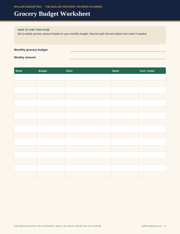 Sample interior page 2 of The Baller Grocery Savings Planner
