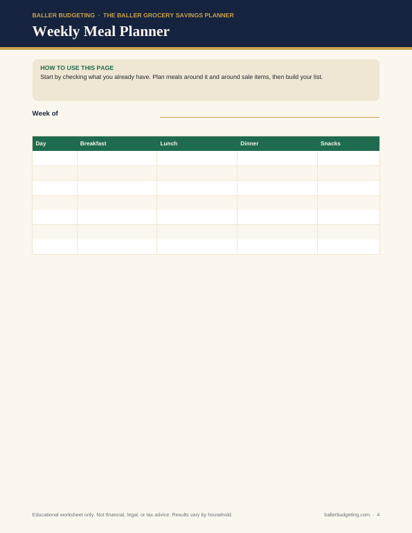 Sample interior page 3 of The Baller Grocery Savings Planner