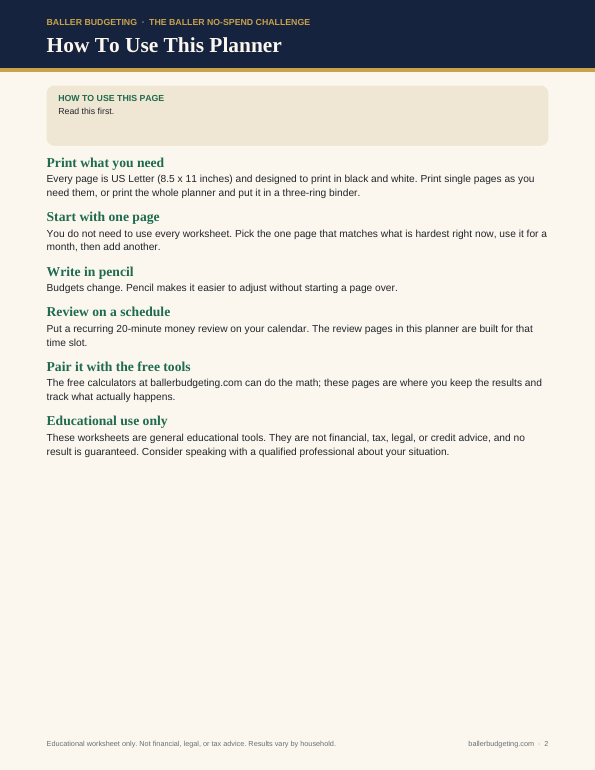 Sample interior page 1 of The Baller No-Spend Challenge