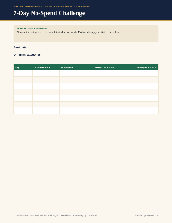 Sample interior page 3 of The Baller No-Spend Challenge