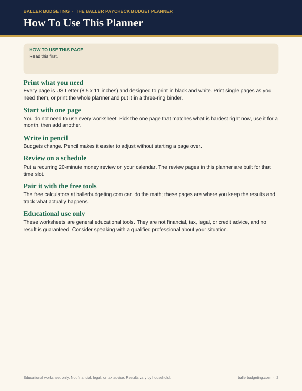 Sample interior page 1 of The Baller Paycheck Budget Planner