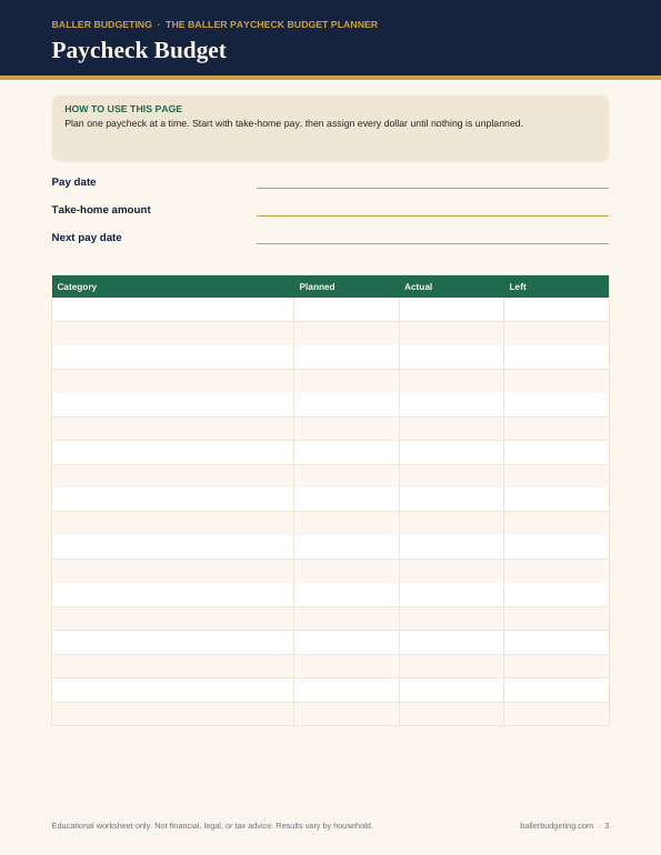Sample interior page 2 of The Baller Paycheck Budget Planner