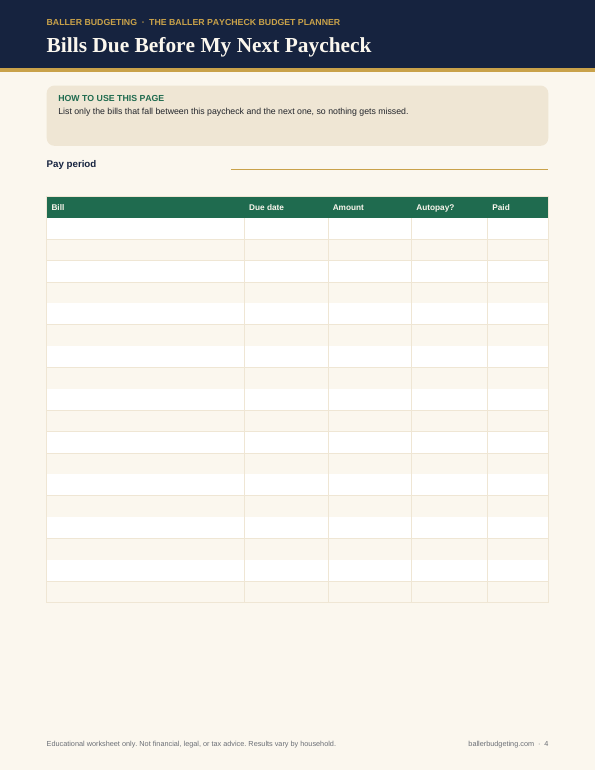 Sample interior page 3 of The Baller Paycheck Budget Planner
