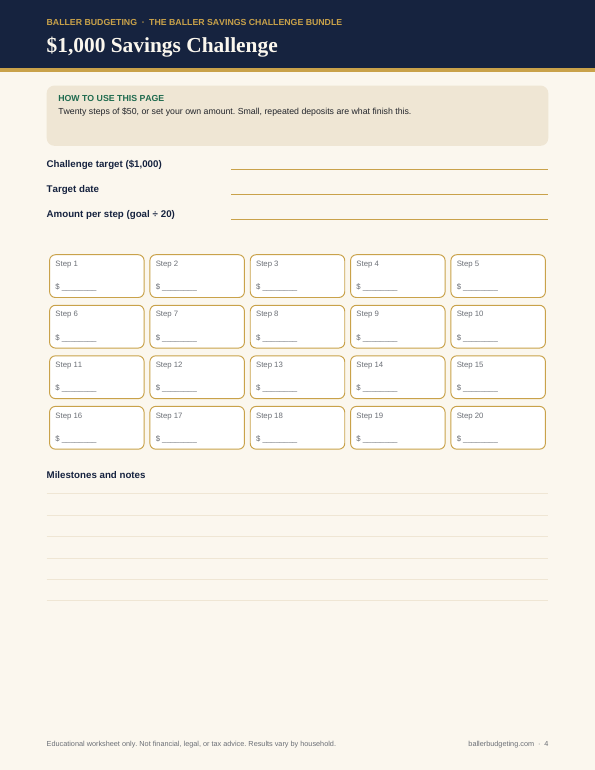 Sample interior page 3 of The Baller Savings Challenge Bundle