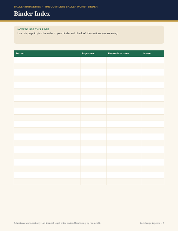 Sample interior page 2 of The Complete Baller Money Binder