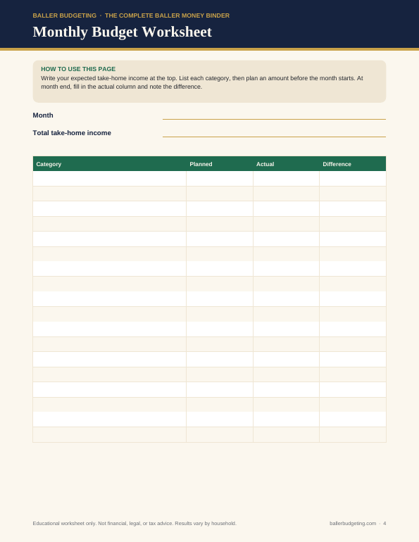 Sample interior page 3 of The Complete Baller Money Binder